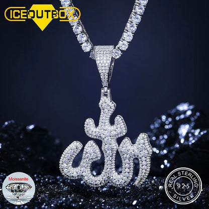Silver Moissanite rune pendant front hanging view
