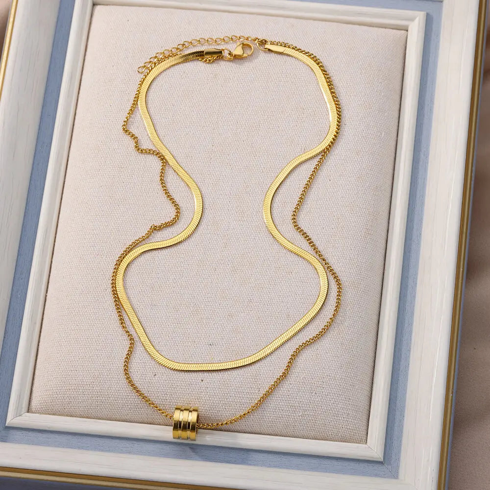 Stainless Steel Double Layer Thick Round Pendant Necklace