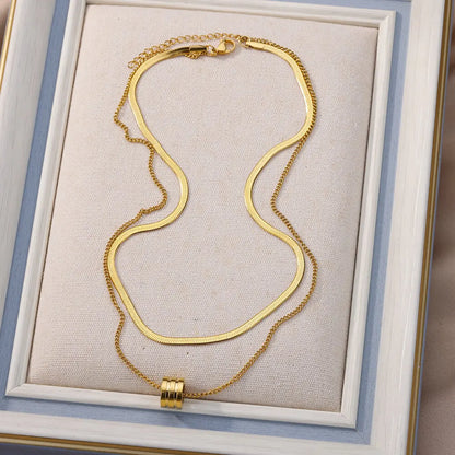 Stainless Steel Double Layer Thick Round Pendant Necklace